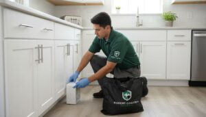 Professional rodent treatment technician carefully placing humane rat traps inside a home kitchen in Orlando Florida.