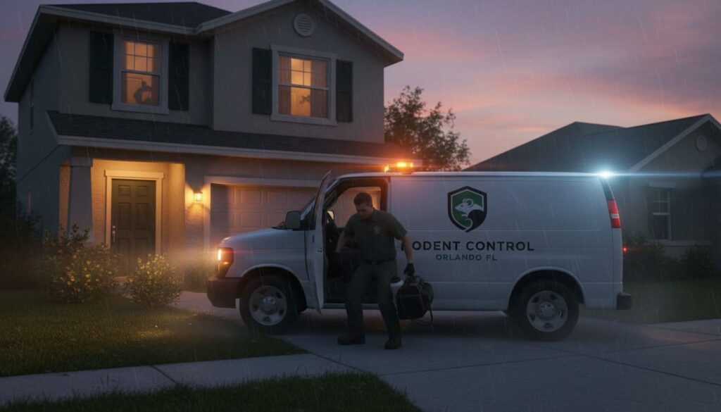 Profssional rodent exterminator arriving quickly at house at dusk for emergency service and stepping out with equipment
