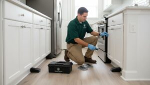 professional rodent prevention expert placing multiple traps strategically along baseboards, behind appliances, and near wall corners.
