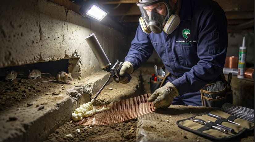 Professional rodent technician places traps and bait stations in a garage to control Norway rats while wearing gloves and a full mask for safe, targeted service.