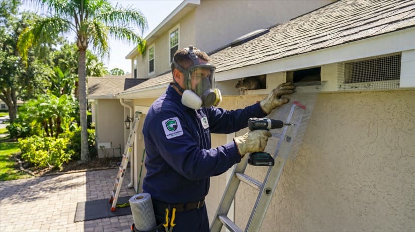 Professional rodent technician seals roof entry points from a ladder to control roof rats, using exclusion tools while wearing gloves and a full face mask for safe exterior service.