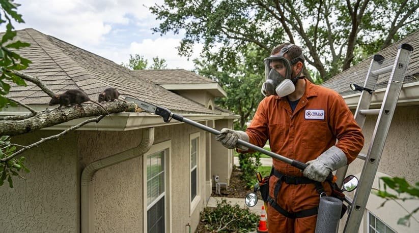 Professional rodent technician places traps and bait stations in a garage to control Norway rats while wearing gloves and a full mask for safe, targeted service.