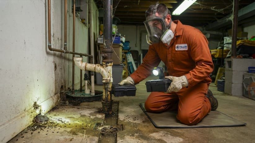 Professional rodent technician seals roof entry points from a ladder to control roof rats, using exclusion tools while wearing gloves and a full face mask for safe exterior service.